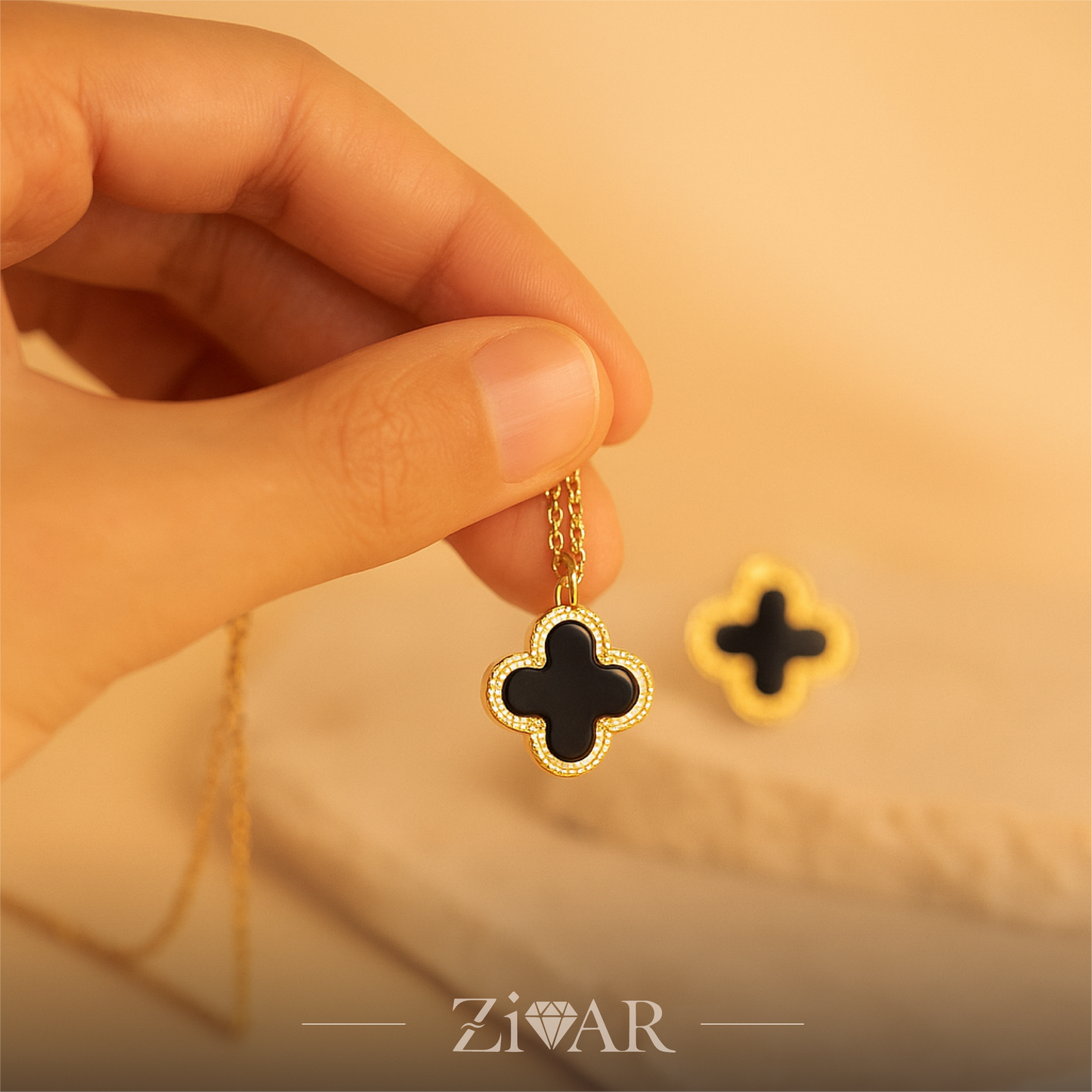 Black Clover Pendant and Stud - [ Set of 2 ] - Zivar Jewelry