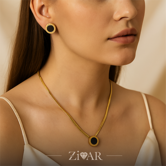 Black Enamel Circle Pendant and Stud Set - [Set of 2] - Zivar Jewelry