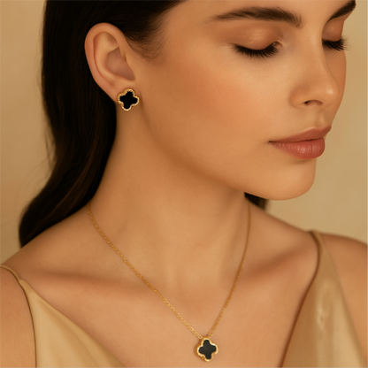 Black Clover Pendant and Stud - [ Set of 2 ] - Zivar Jewelry