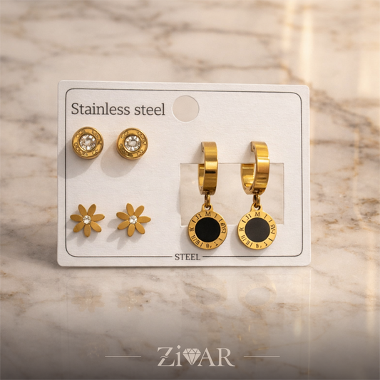 3-Pair Earring Set- Zivar Jewelry - Stainless Steel
