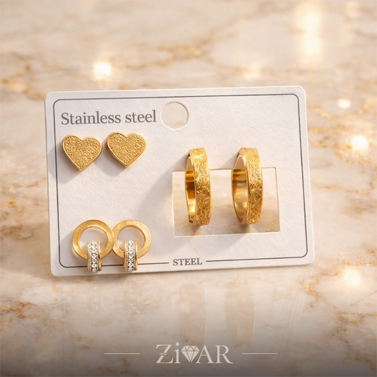 3-Pair Earring Set- Zivar Jewelry - Stainless Steel