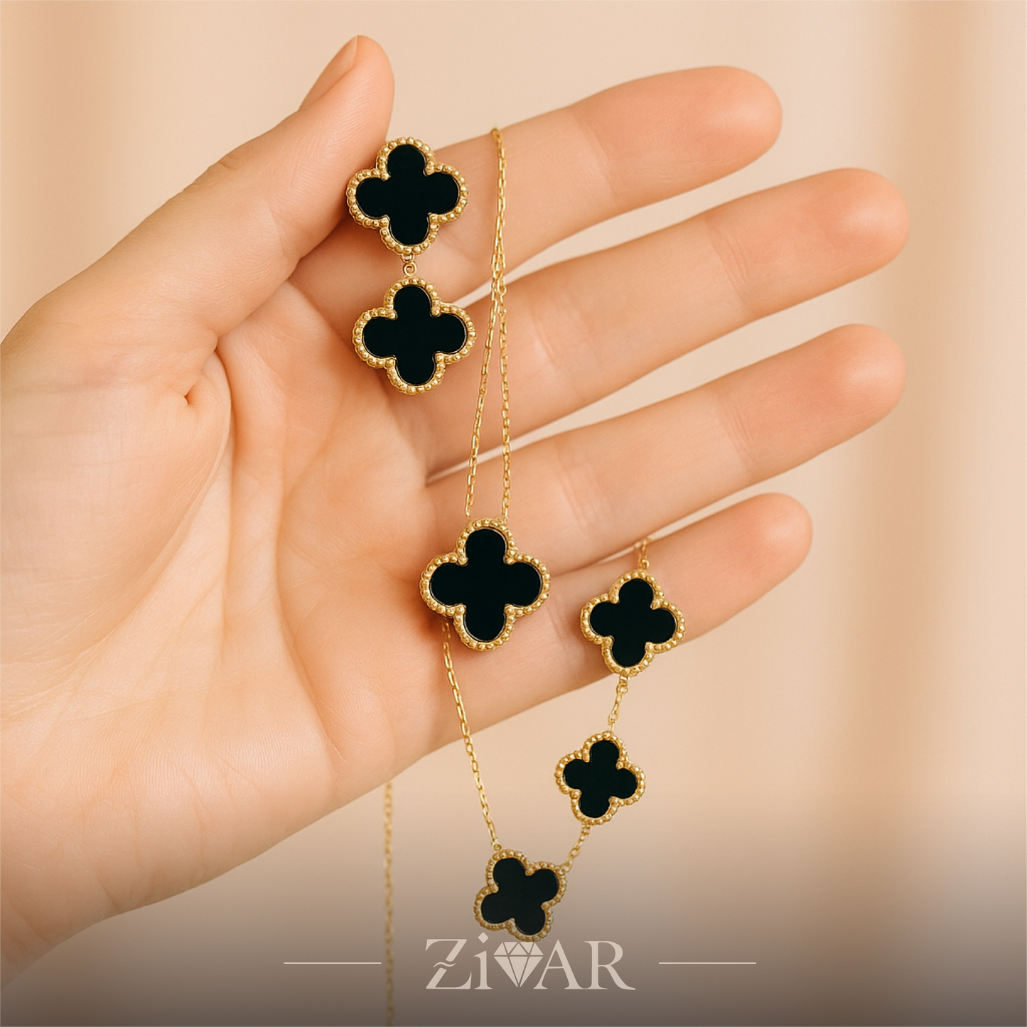 Black Enamel Clover Jewelry Set – [Set of 3] - Zivar Jewelry