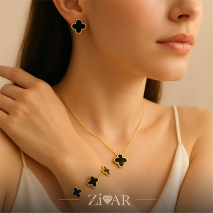 Black Enamel Clover Jewelry Set – [Set of 3] - Zivar Jewelry