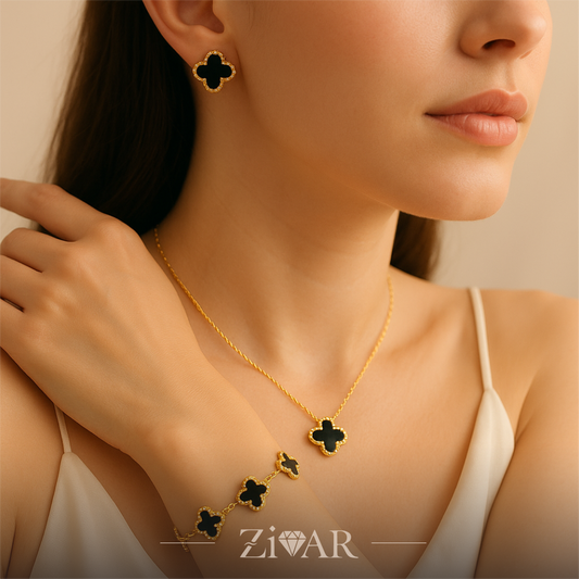 Black Enamel Clover Jewelry Set – [Set of 3] - Zivar Jewelry