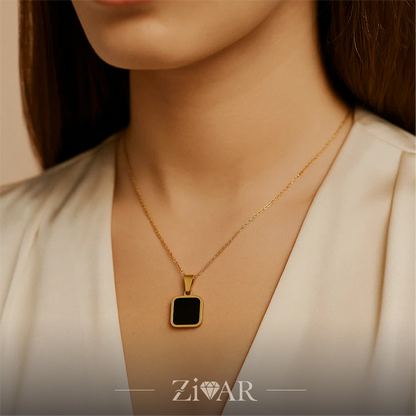 onyx pendant - Black & White Stone - Stainles Steel - Zivar Jewelry