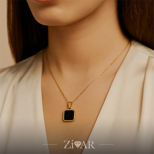 onyx pendant - Black & White Stone - Stainles Steel - Zivar Jewelry