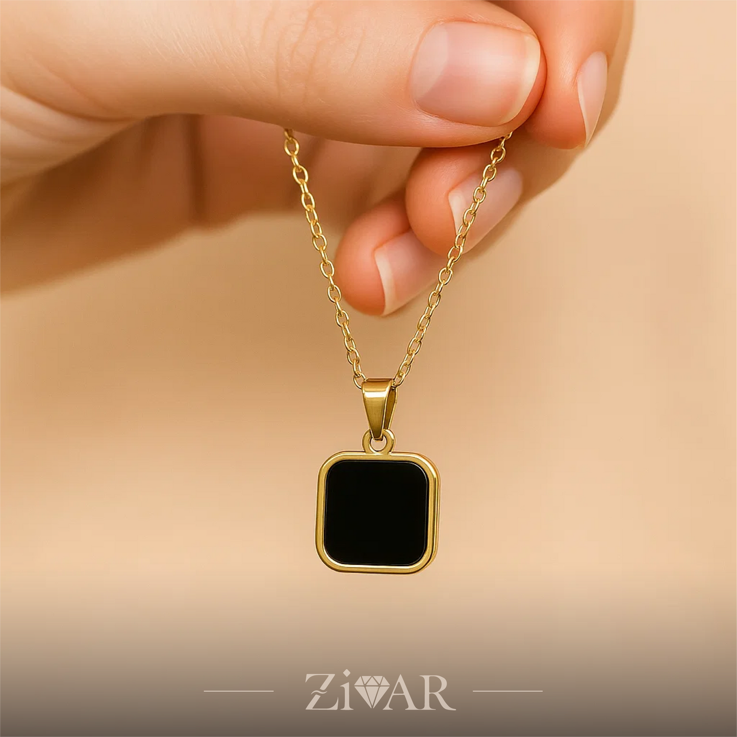 onyx pendant - Black & White Stone - Stainles Steel - Zivar Jewelry