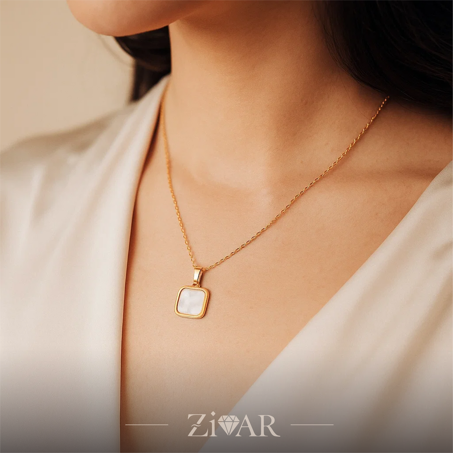 onyx pendant - Black & White Stone - Stainles Steel - Zivar Jewelry